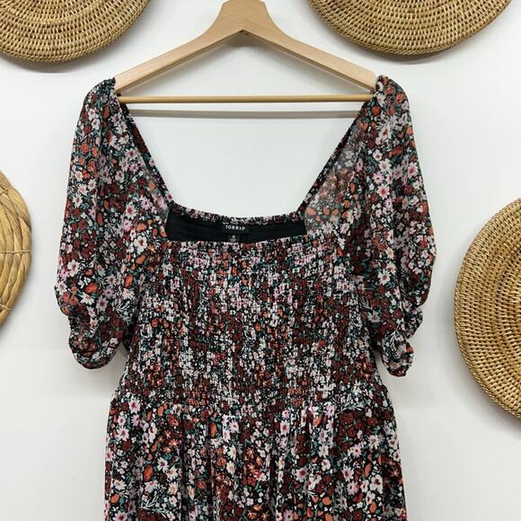 Torrid Black Flower Floral Tea Length Smocked Bodice A-Line Dress Size 0 Large - Picture 5 of 9